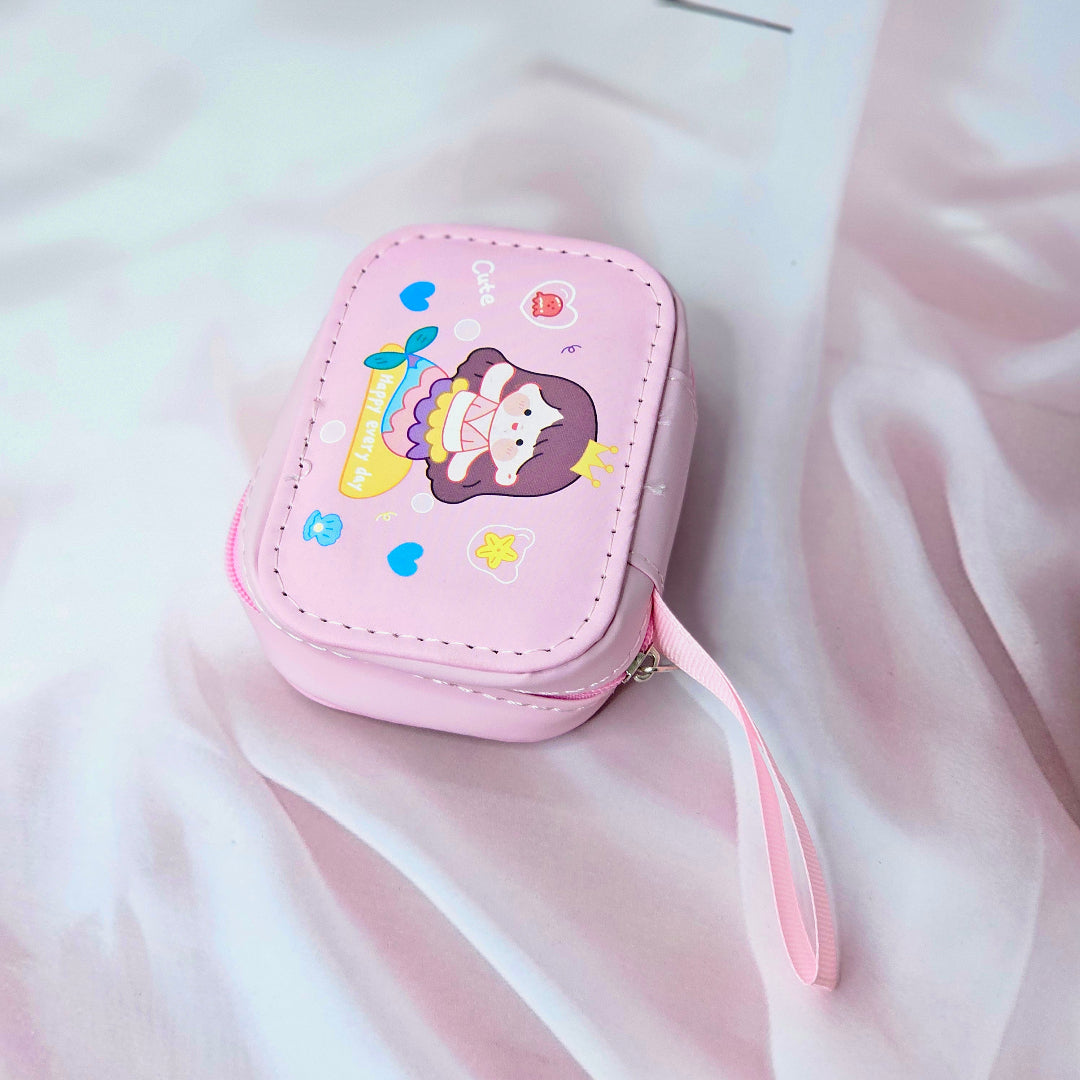 Assorted cute cartoon small storage coin pouches for kids in pink and purple with animal characters. www.usmile.toys